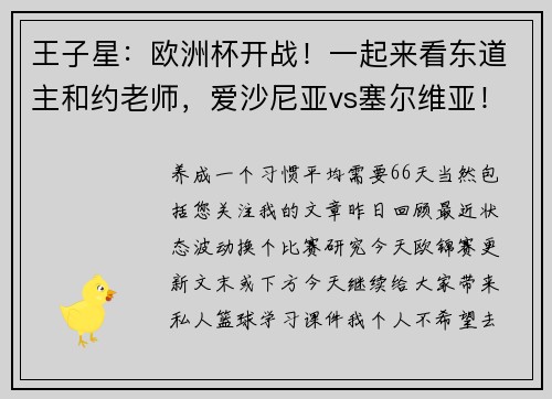 王子星：欧洲杯开战！一起来看东道主和约老师，爱沙尼亚vs塞尔维亚！